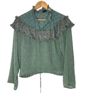 Diane Freis Georgette Ruffle Blouse drawstring‎ Hemline Size Large check measure